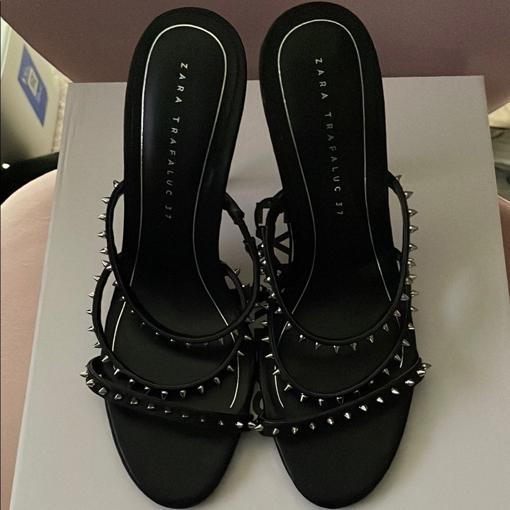 Zara Black Studded Heeled Sandals - Picture 1 of 4